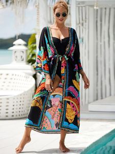 Women's Swimwear Summer 2024 Women Loose Beach Wear Midi Dress Bohemian Printed Long Kimono Dresses Plus Size Batwing Sleeve