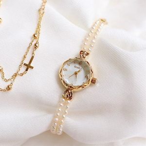 Натуральный жемчуг, медь, 24-каратное золото, кварцевые женские часы, браслет, циферблат, японские водонепроницаемые женские часы, маленькие 240313