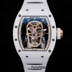 Automatisk klocka Mechincal Watch RM Watch RM52-01 Skull Head White Ceramic Manual Mechanical Full Hollow Movement Mens Watch