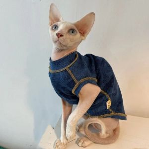 Clothing Fashion Dark Blue Sphynx Cat Tshirt Hairless Cat Coat Soft Cotton Vest For Devon Rex Undershirt For Spring Outwear Pet Supplies