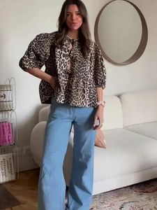 Leopard Bow Lace Up Women Shirts Blouses Loose Solid Puff Sleeve Pleat Shirt Top Spring Summer Cropped Lady Streetwear 240229