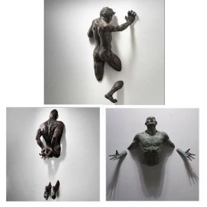 Скульптуры 3D Сквозная Настенная Фигура Скульптура Искусство Бронзовая Статуя Бегущий Персонаж Смола Настенная Роспись Украшение Домашней Комнаты Подарок