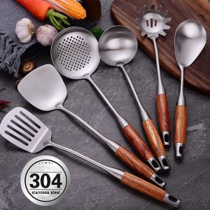 Verktyg 5/6/7 st rostfritt stål wok spatula trähandtag matlagning spade ladle kök redskap bakning matlagningsverktyg köksutrustning kokkärl