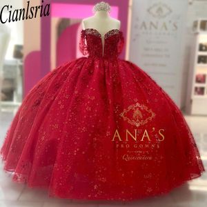 肩から赤い幻想フリューズボールガウンQuinceaneraドレスクリスタルビーズのアップリケコルセットVestido de 15 Anos