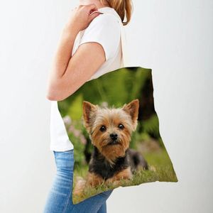 Sacos de compras moda mini yorkshire cão lona estudante senhora bolsa reutilizável dupla impressão bonito animal de estimação casual sacola para mulher