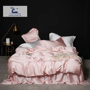 LivEsthete Donne di Lusso Rosa 100% Set di Biancheria da Letto di Seta Puro Sano Queen King Copripiumino Lenzuolo Federa Biancheria da Letto 240306