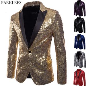 Блестящий золотой блейзер с блестками, украшенный блестками, куртка для мужчин, костюм для выпускного вечера в ночном клубе, пиджак, мужской костюм Homme, сценическая одежда для певцов 240306