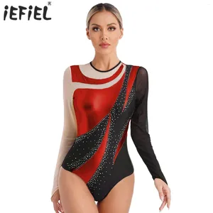 Stage Wear Womens Gymnastics Unitards Ballet Dance Jumpsuits For Figure Skating Metallic Sheer Mesh Long Sleeve Performance Costumes