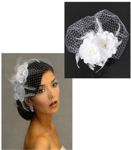 2015 Bird Cage Net Women Wedding Bridal Fascinator Face Veil Feather White Flower With Comb Dress Fashion Accessories2240345