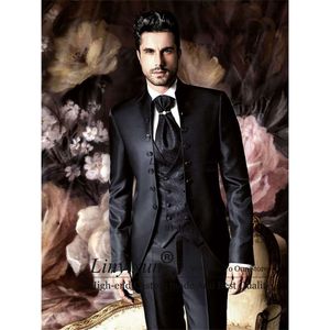 Classic Men Suits Mandarin Lapel Wedding Groom Tuxedos Black Pattern Waistcoat Groomsman Blazer 3 Pieces Set Terno Masculino