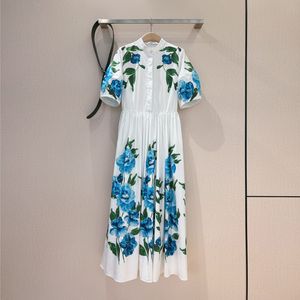 여자 드레스 유럽 패션 브랜드 면화 흰색 꽃 인쇄 짧은 슬리브 수집 허리 셔츠 미디 드레스
