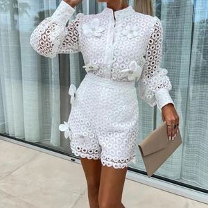 Mulheres Tracksuits Escritório Moda Bordado Lace Duas Peças Outfits Mulheres Elegante Manga Longa Botão Camisa TopsShorts Set 2024 Clube Sólido