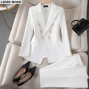 Feminino uniforme ternos de negócios com calças retas elegante escritório blazer conjunto para mulheres trabalho wear calças suíte preto branco vermelho 240305