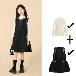 Big girls clothes sets old kids ruffle collar long sleeve bottoming shirt Bows tie beaded suspender vest dress 2pcs 2024 spring teenagers outfits Z7143