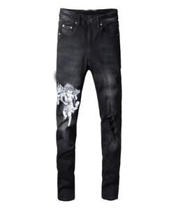 Dżinsy 22SS Mężczyźni Slim Fit Angel Drukukowana dziura Czarna Men039s Dżinsowe spodnie Jean Hip Hop Spodni Duży rozmiar 28404859232