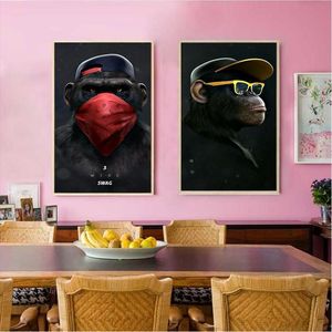 Grande imagem animal lona impressa pintura moderna engraçado pensando macaco com fone de ouvido arte da parede cartaz para sala estar decor220u