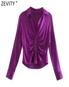 Zevity Women Fashion Pleats Design Purple Satin Smock Blouse Lady Casual Slim Buttons Kimono koszule Chic Blusas Tops LS9807 2203296713745