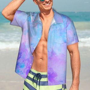 Mäns avslappnade skjortor lila abstrakt tryck Hawaiian skjorta manlig semester akvarellstänk y2k gata design retro överdimensionerade blusar