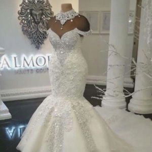 Dubai New Designer Arabic Mermaid Dresses Plus Size Beading Crystals Court Train Wedding Dress Bridal Gowns