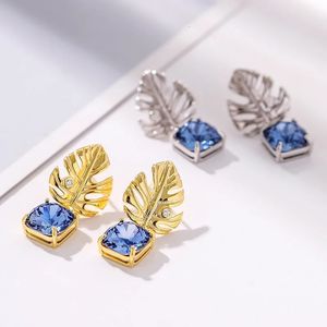 Y2K S925 Sterling Silver Stud Golden Color Leaf Design High Grade Blue Crystal Earing Women Charm Light Luxury Jewelry Gift 240228