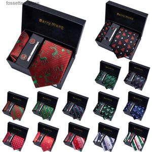 Gravatas de seda homens gravata para gravata de Natal Hankerchief Abotoaduras Set Xmas Festival Cravat com caixa de presente vermelho verde neve Santa Rena L240313