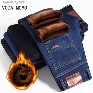 Męskie dżinsy marki dżinsy jeansy jeansy flanelowe rozciąganie wysokiej jakości dżinsowe spodnie mężczyźni pasy mody mężczyźni 2023 Męskie spodnie dżinsy Mężczyźni L240313