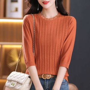 Top médio de três quartos com decote em V, suéter de malha fina feminino, roupa 2023, camiseta de meia manga estilo ocidental, estilo de camisa básica de primavera e outono