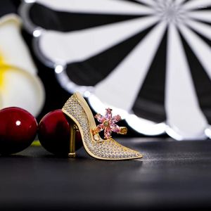 Brooches Fancy High Heels With Flower Shape Copper Pins Full Zircon Paved Shoes Brass For Women Girls Ladies Party Jewelry