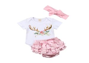 Conjunto de roupas infantis para meninas recém-nascidas, novo macacão de manga curta rosa, shorts sólidos, verão 3 peças, roupa de verão, 2019 7856314