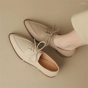 Dress Shoes Spring Autumn Sheep Leather Lace Women Loafers Pointed Toe Chunky Heel For Comfort Pumps Zaptos Mujer
