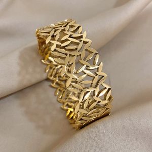 Chunky 14k Yellow Gold Charm Leaf Wide Bangles Bracelets for Women Men New Design Wrist Waterproof Jewelry