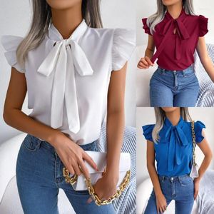 Women's Blouses DUOFAN 2024 Summer Sleeveless Shirt Female Commuter Wood Ear Lace Up Bow Tie Chiffon European American Solid Wear