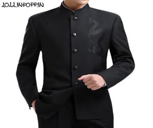 Dragão bordado masculino estilo chinês túnica terno jaqueta mandarim gola novo 2020 kung fu casaco único breasted preto lj2009239435506