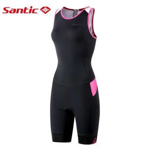 Swim Wear Santic Womens Triathlon Cycling Suit Tri-Suit med vadderad One Piece ärmlös baddräkt snabb torr blixtlås tillbaka asiatisk storlek Aquatic Sports 240311