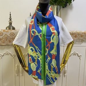 Damenschal von guter Qualität, 100 % Twill-Seidenmaterial, dünn und weich, blaues Farbdruckmuster, lange Schals für Damen, Größe 215 cm, 261q