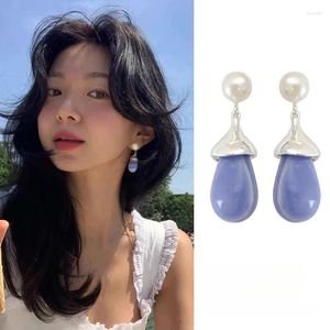 Brincos pendurados coreia azul roxo cor gota de água para mulheres francês romântico pérola ágata pedra natural festa joias de feriado