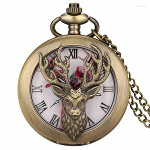 Cep Saatleri Retro Moda Boynuzları Dial Tasarım Bronz Elk Kafası Hollow Cover Sika Deer Kuvars Saat Kolye Kolye Antik Saatleri