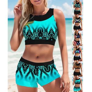 Swim Wear 3D Sexig låg midja baddräkt Kvinnor Set Bikini Mönstrad tankini Backless Swimsuit Womens Tvåbit Swimsuit S-5XL Aquatic Sports 240311