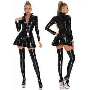 Vestidos casuais mulheres sexy wetlook vestido de couro elástico erótico zíper aberto virilha brilhante látex saia plissada manga longa sexi