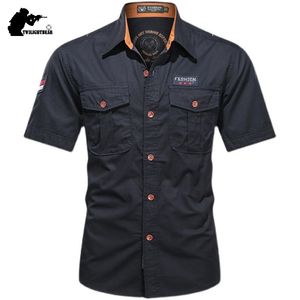 Mens Casual Shirts Short Sleeve Pure Cotton Shirt Male Solid Oversized Military Cargo Men Clothing 5XL A68 240306