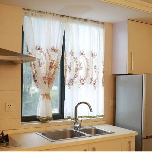 Curtains Green Pom Pom Embroidery Sheer Short Curtains for Hotel Kitchen Bookshelf Cupboard Pink Floral Half Curtain Window Panel Drapes