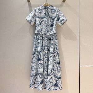 Womens Dress European Fashion brand Cotton blue sun printed lapel short sleeved gathered waist shirt midi dress