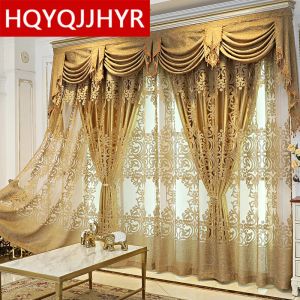 Curtains Modern Luxury Brown Tulle With Golden Blackout Curtains For Bedroom Living Room Kitchen Custom Hotel Valance Curtains