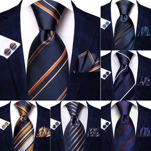 Bow Ties Hi-Tie Designer Striped Blue Gold Silk Wedding Tie For Men Gift Mens Necktie Handky Cufflink Fashion Business Party Dropshiping