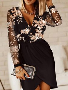 Casual Dresses Women's V-Neck Long Sleeves Sequins Dress Sexy Slim High Split Autumn Party Elegant Printed Spring Fashion