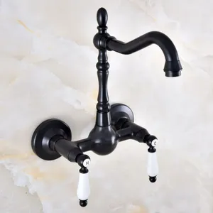 Banyo Lavabo Muslukları Çift Tapı Çiftler Delik Duvar Montajı Havza Musluk Yağı Ovulmuş Bronz Vanity Mutfak Soğuk Su Mikseri Muslukları DNF870