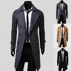 Men's Trench Coats Simple Long Coat Autumn Winter Thick Pure Color Jacket Lapel Male For Business