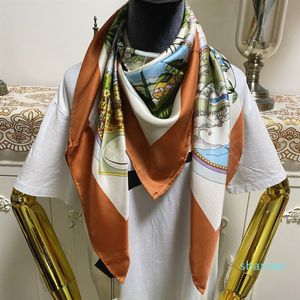 Novo estilo lenço quadrado feminino lenços de boa qualidade 100% sarja material de seda cor laranja letras flores padrão tamanho 1328e