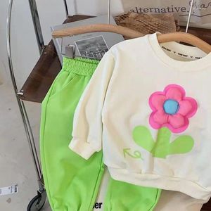 Set di abbigliamento Set di vestiti per bambina autunno Set di sport per bambini Felpa floreale stereoscopica Top e pantaloni Abito a due pezzi in cotone