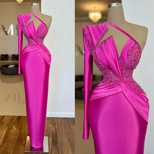 Gorgeous Mermaid Evening Dresses Red Satin One Shoulder Beading Sequins Prom Gowns Asymmetrical Vestidos De Noche Sweep Train